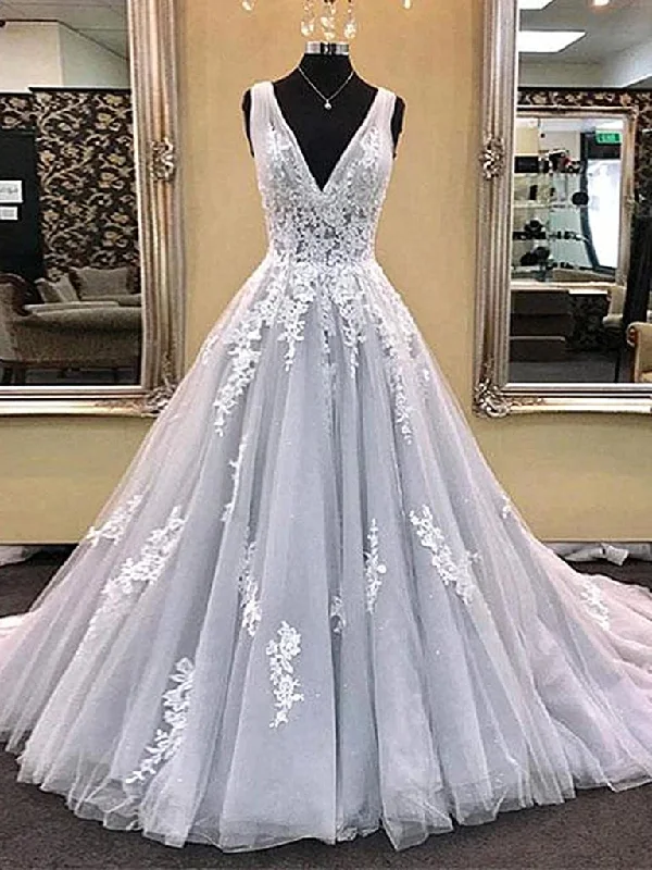 off-the-shoulder party dressesV Neck Light Gray Lace Prom Dresses, Silver Grey Lace Formal Evening Dresses M2573