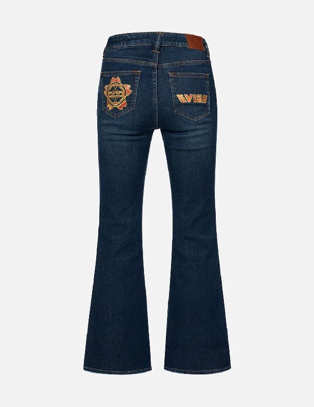 women's denim jeans with embroidered back pocketsBrocade Kamon and Logo Boot Cut Jeans