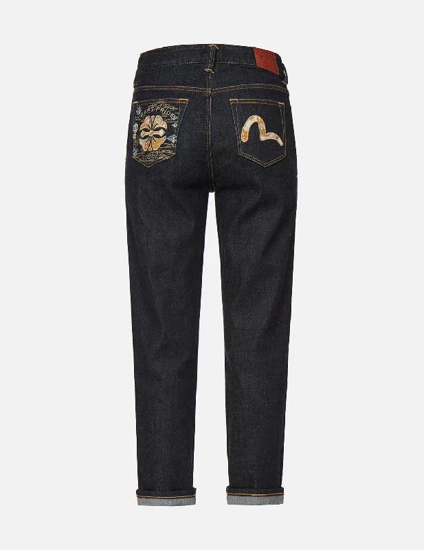 women's denim jeans with cotton blendBrocade Kamon and Seagull Appliqué Straight Leg Jeans