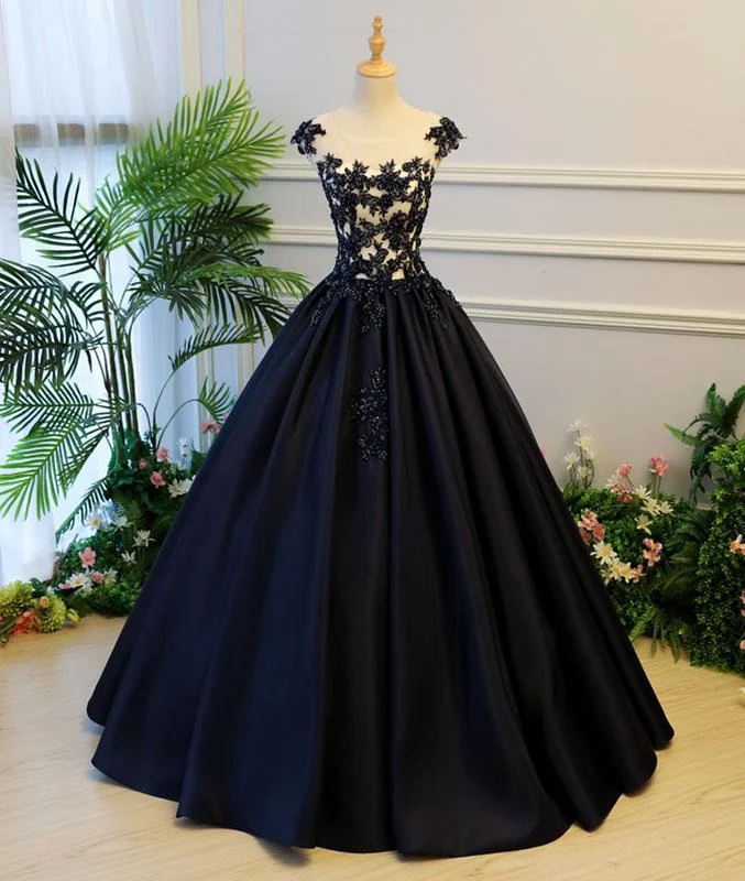 ready-to-wear party dressesBlack round neck satin long prom gown, black evening dress M4819