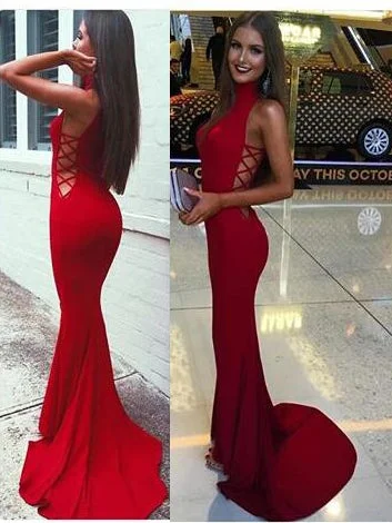 short party dressesSexy High Neck Mermaid Long Red Evening Dress