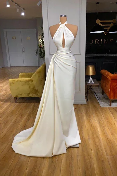 off-the-shoulder party dressesIVORY HALTER LONG EVENING PROM DRESS WITH SPLIT DETACHABLE TRAIN M5872