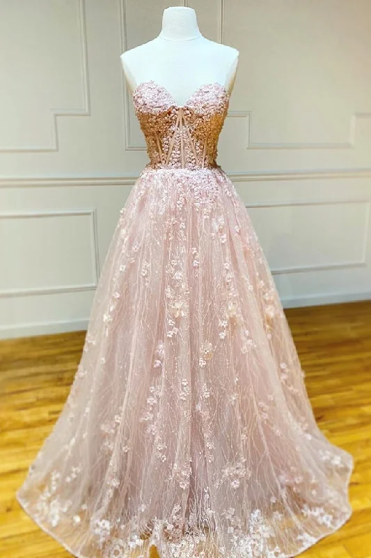 sequined party dressesStrapless Sweetheart Neck Pink Lace Long Prom Dress, Pink Lace Formal Graduation Evening Dress M2719