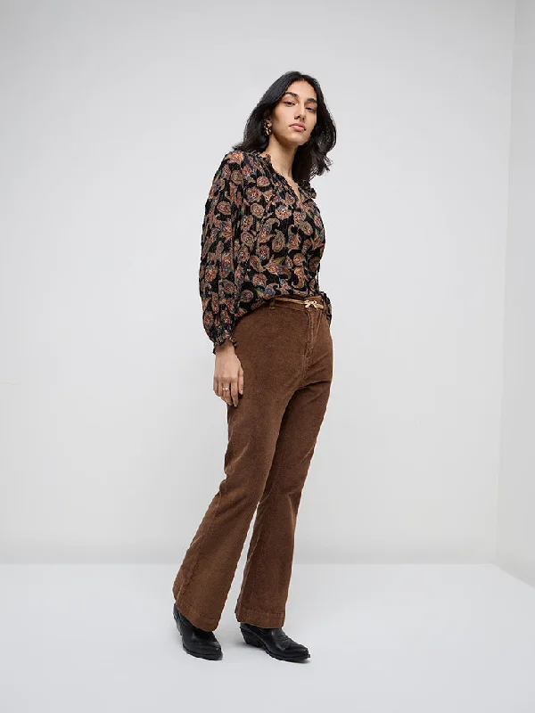 women's denim jeans with distressed hemsLOV Brown Wide Leg - Fit High - Rise Corduroy Jeans