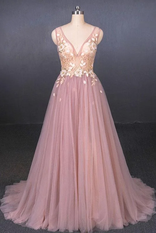 black-tie party dressesPink V Neck Sleeveless Tulle Prom Dress with Appliques, A Line Tulle Evening Dress M1854