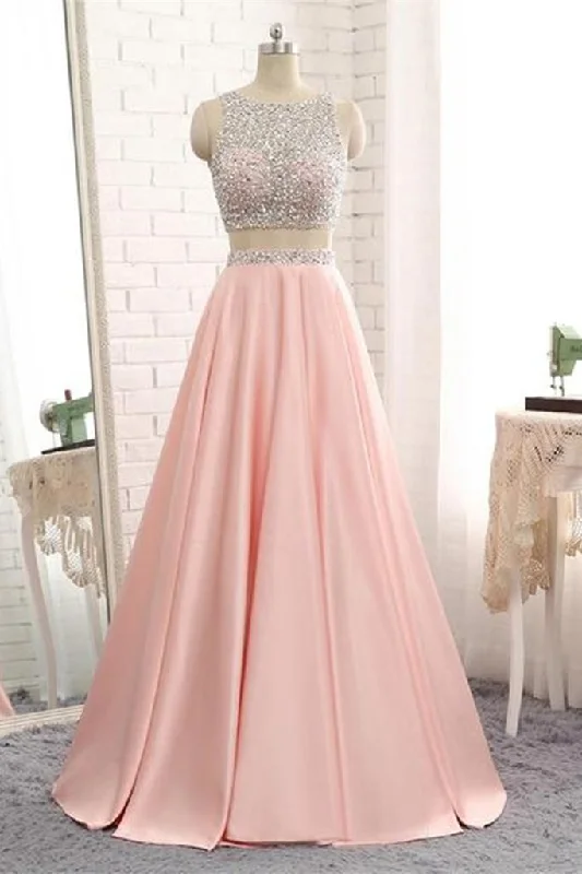 bridesmaid party dressesA Line Round Neck Two Pieces Beaded Pink Prom Dresses, Two Pieces Pink Formal Dresses, Pink Evening Dresses M3131