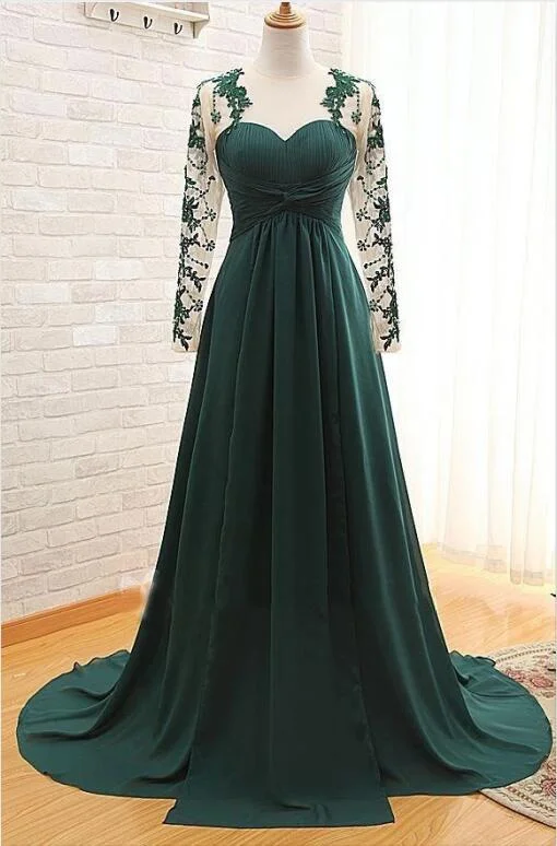 Halloween party dressesDark Green Long Sleeves Long Evening Dress with Appliques, Long Prom Dress with Sleeves M1769