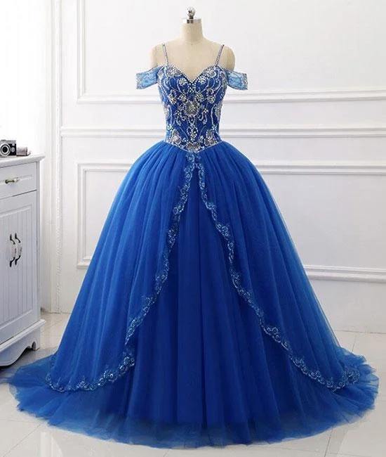 eco-friendly party dressesBlue sweetheart beads sequin long prom gown, blue evening dress M4807