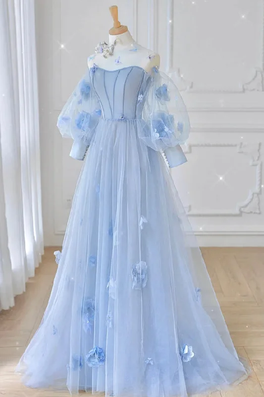 casual party dressesBlue tulle long sleeve prom dress blue evening dress M5344