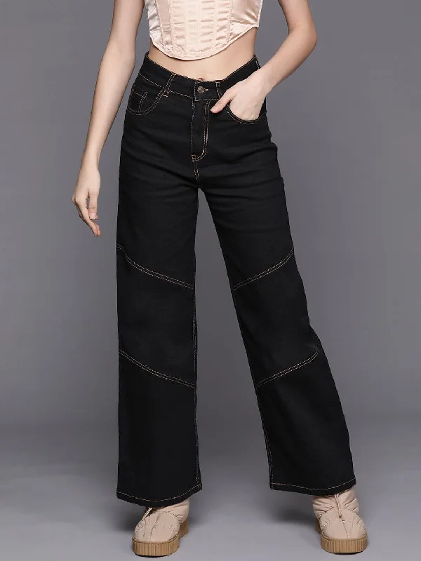 women's denim jeans for a cozy dayWomen Black Contrast Stitch Detail Straight Jeans