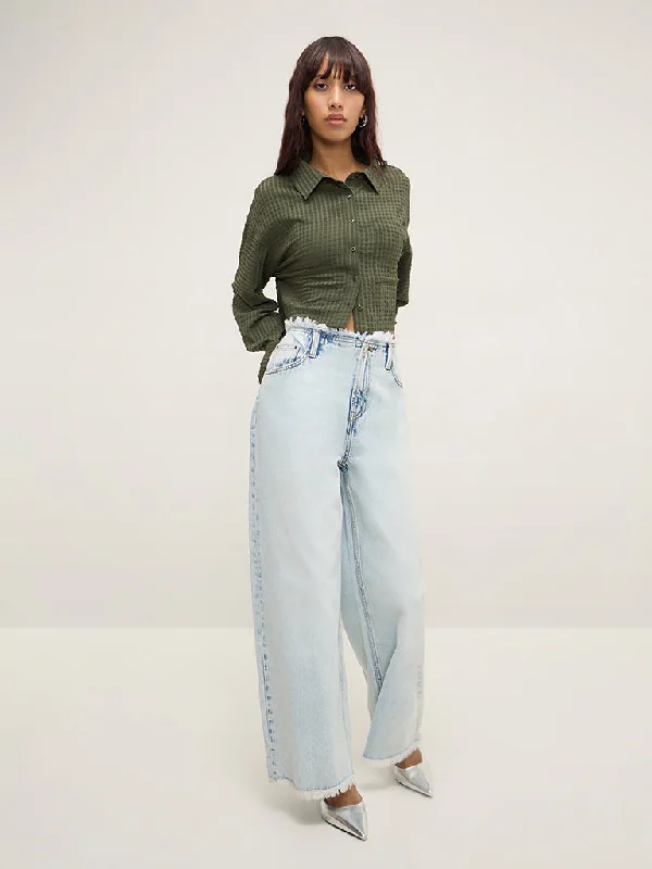 women's denim jeans for a stylish outfitNuon Light Blue Fringe-Detailed Relaxed - Fit High - Rise Jeans