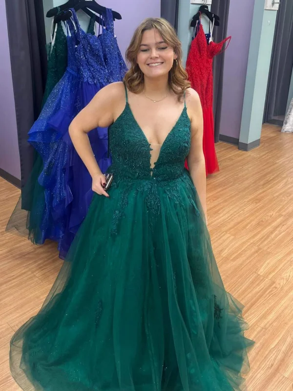 mermaid party dressesA Line V Neck Green Lace Long Prom Dresses, Green Lace Formal Graduation Evening Dresses SP3097