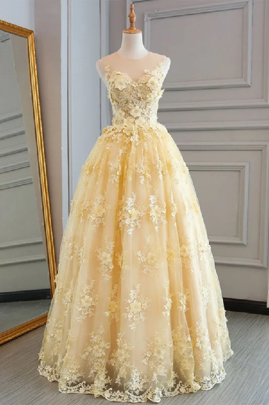 statement-making party dressesGorgeous Yellow Lace Appliques Long Prom Dress, Yellow Lace Formal Dress, Yellow Evening Dress M2949