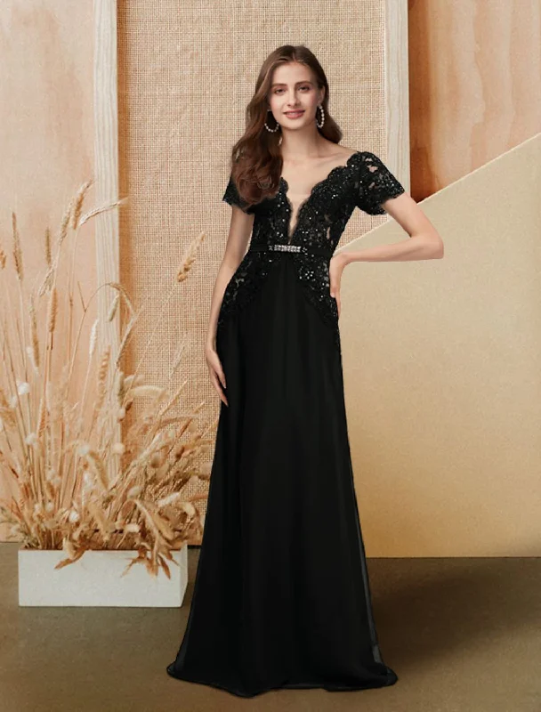 affordable party dressesA-Line Evening Gown Dress Engagement Floor Length Short Sleeve V Neck Chiffon with Sequin Lace