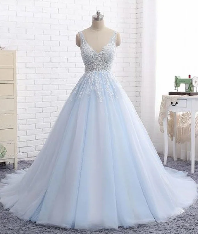 glam party dressesBlue v neck tulle lace long prom dress, blue evening dress M4854