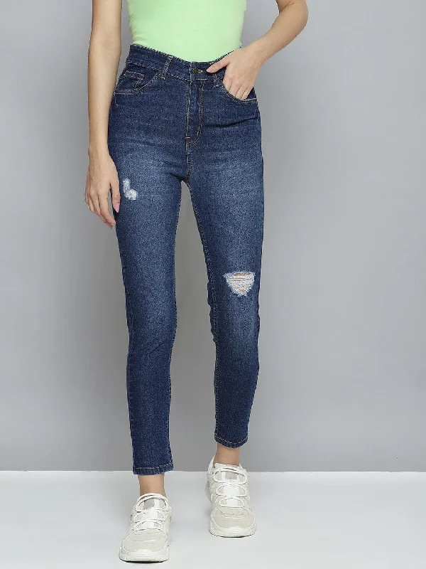 women's denim jeans with ripped kneesWomen Blue Distressed Slit Jeans