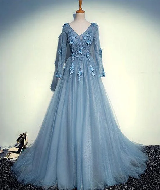 themed party dressesBlue v neck tulle lace long prom dress, tulle evening dress M4879