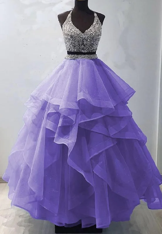 lace party dressesTwo pieces tulle beads long prom gown evening dress M763