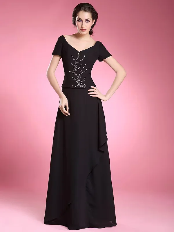 affordable luxury party dressesA-Line Dress Formal Evening Floor Length Short Sleeve V Neck Chiffon with Beading Ruffles