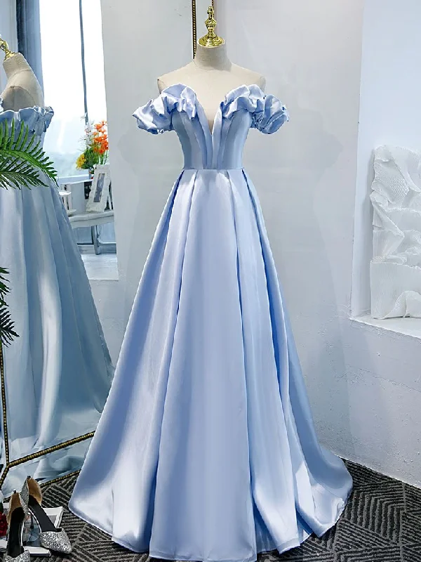 mermaid party dressesBlue A-line off shoulder long prom dress, formal dresses, blue evening dress M5862