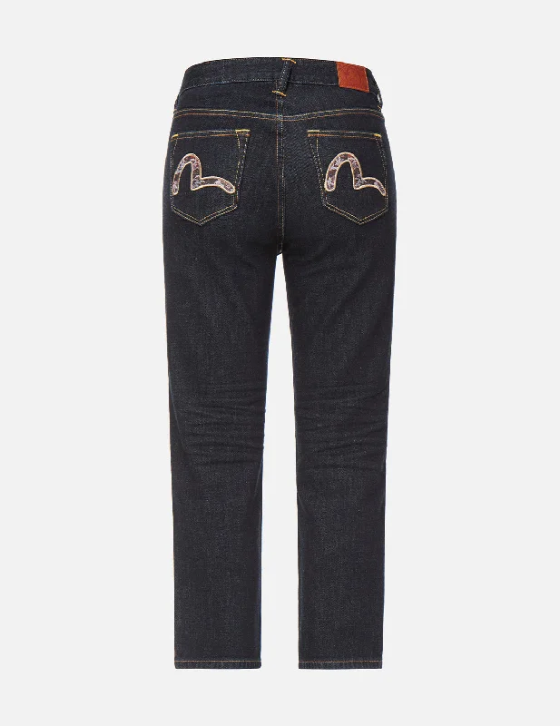 women's denim jeans with pocketsBrocade Seagull Embroidered Straight-cut Jeans