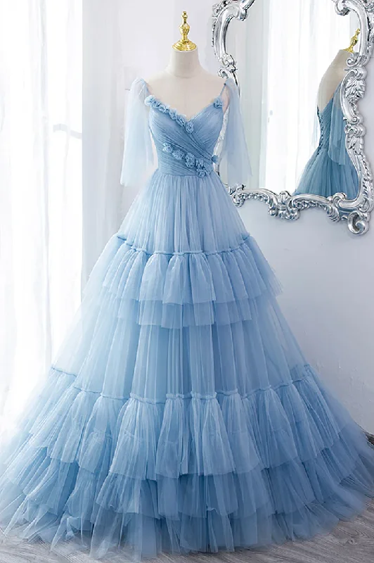 mother-of-the-bride party dressesBlue tulle long prom dress A line evening dress,BL2154