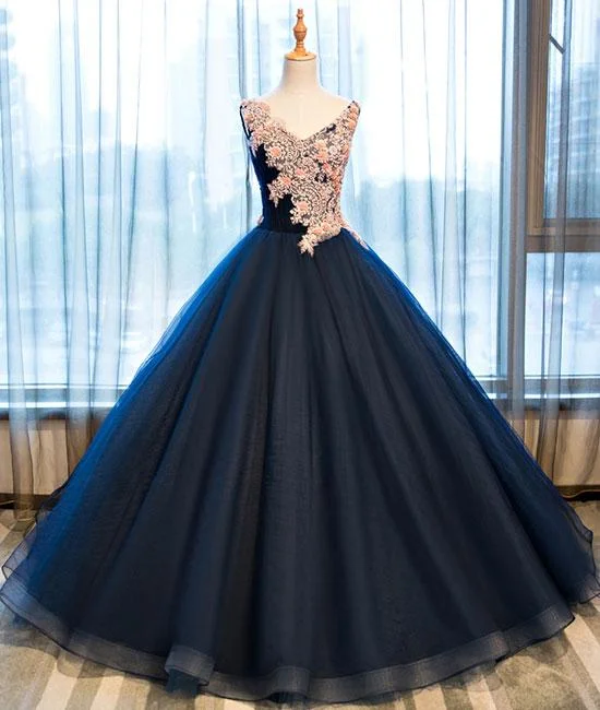 handmade party dressesDark blue v neck satin lace long prom gown ,dark blue evening dress M4810