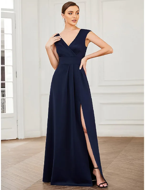 short party dressesA-Line Evening Gown Elegant Dress Formal Floor Length Sleeveless V Neck Polyester V Back with Draping Slit