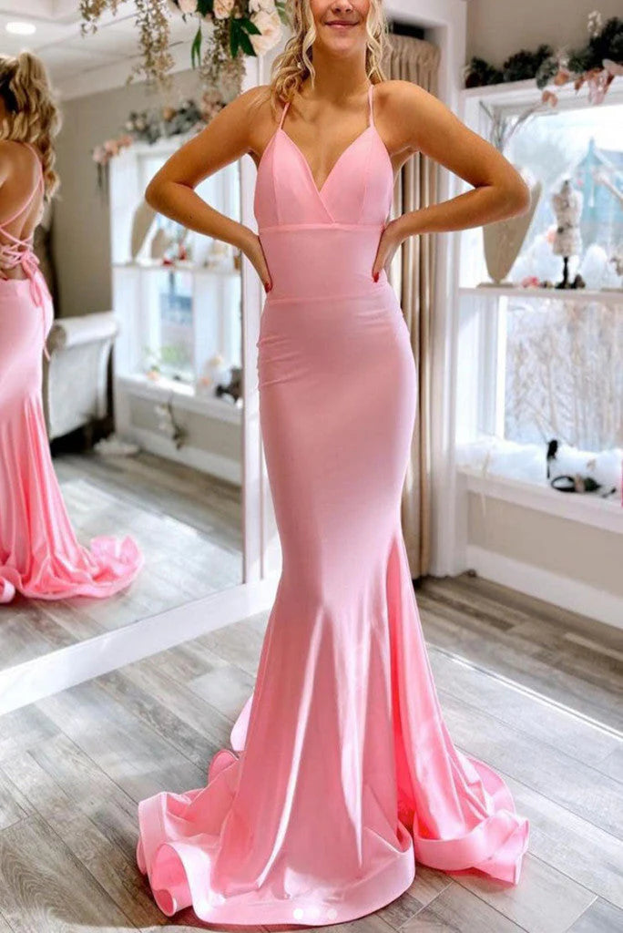 spring party dressesEvening Dress Mermaid Spaghetti Straps Prom Dresses Satin Lace Up Sweep Train