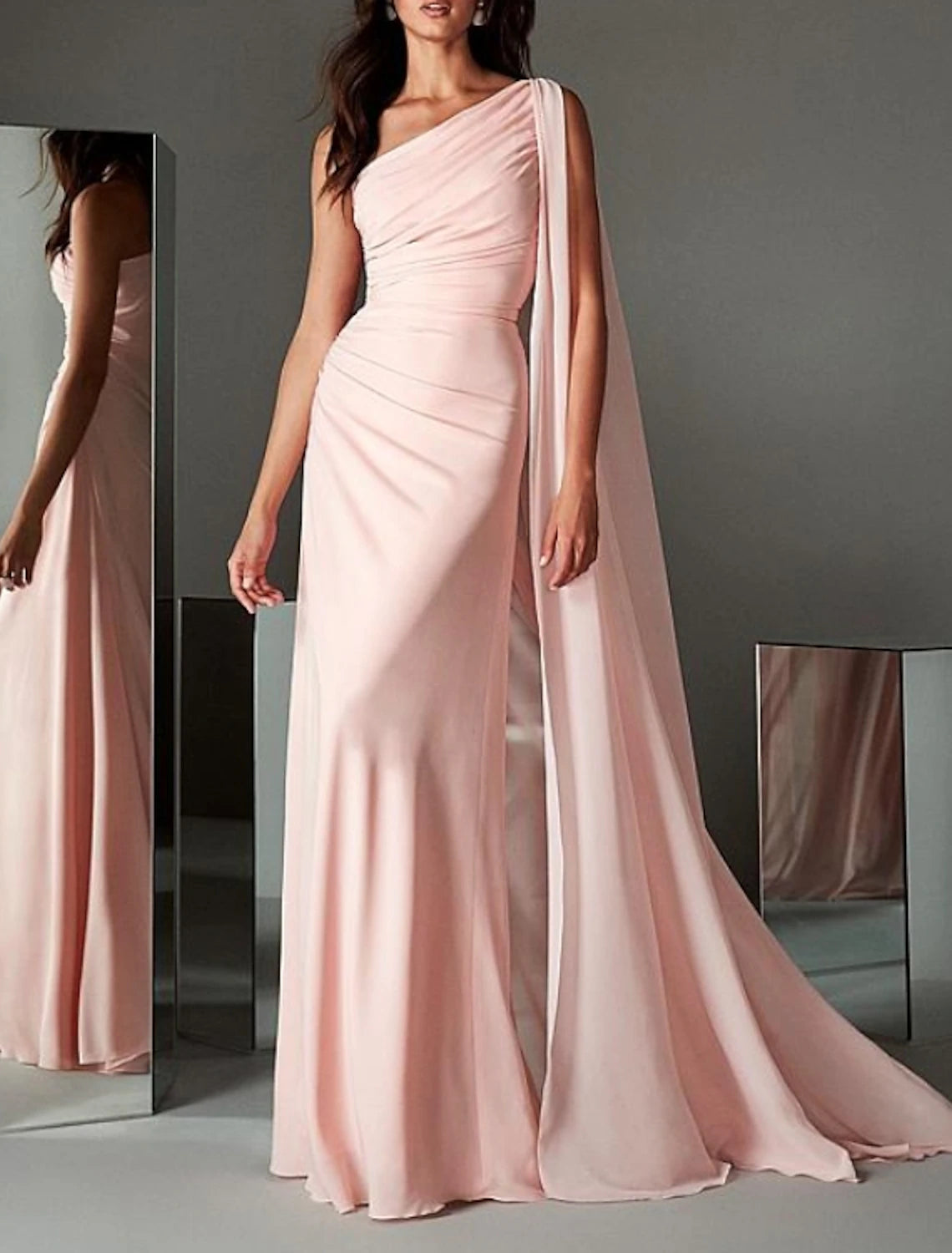 Halloween party dressesSheath / Column Evening Gown Elegant Dress Engagement Formal Evening Sweep / Brush Train Sleeveless One Shoulder Chiffon with Sleek