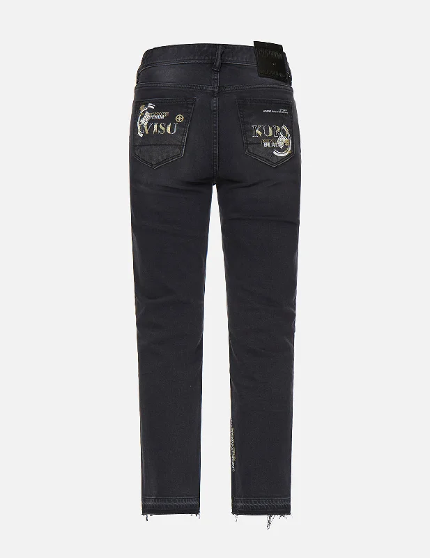 women's denim jeans for a cozy weekendSlashed Kamon and Logo Embroidered Cropped Straight Fit Jeans