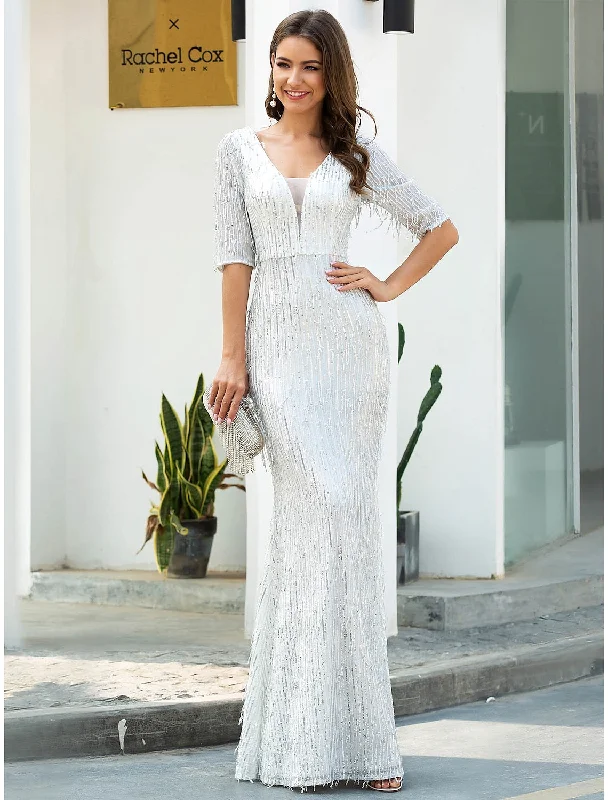 figure-flattering party dressesEvening Gown Glittering Dress Engagement Floor Length Half Sleeve V Neck Polyester with Sequin Tassel