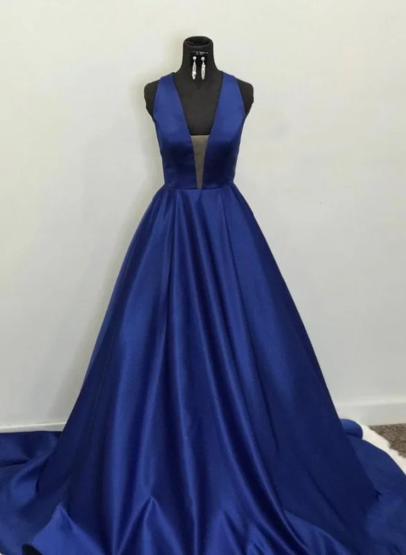 peplum party dressesBlue v neck satin long prom dress blue evening dress M2262