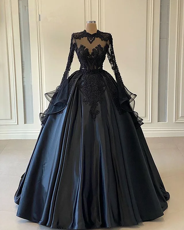 plus-size party dressesBall Gown Black Long Sleeves Lace Prom Dresses,Beading Formal Evening Dresses M5454