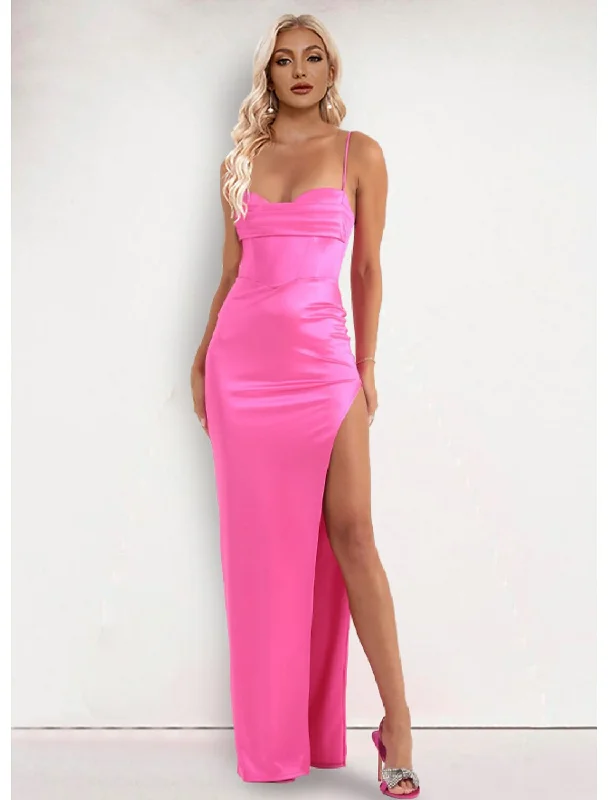 stretchy party dressesEvening Gown Dress Formal Floor Length Sleeveless Strap Stretch Satin with Slit