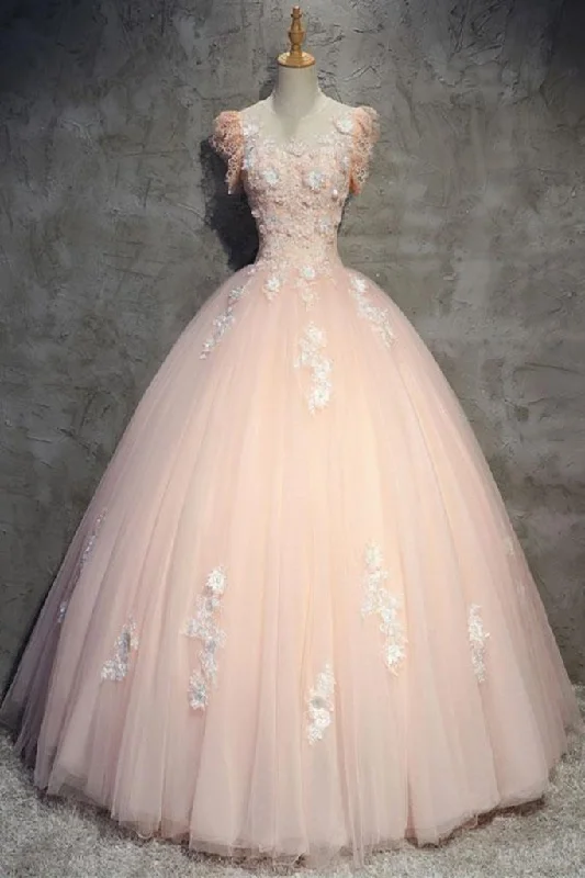 flowy party dressesRound Neck Cap Sleeves Lace Pink Long Prom Dress, Pink Lace Formal Dress, Pink Evening Dress, Ball Gown M3109