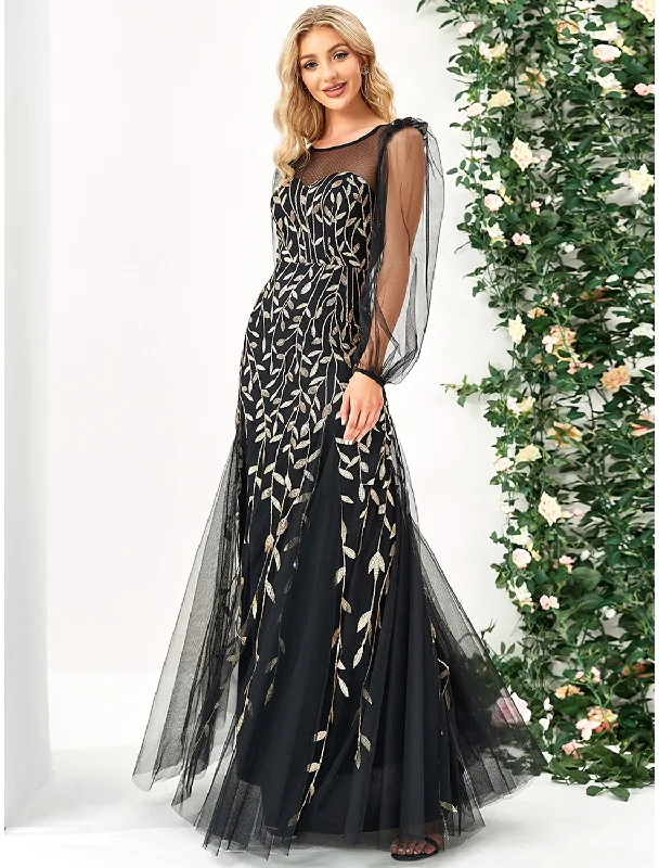 semi-formal party dressesEvening Gown Elegant Dress Formal Floor Length Long Sleeve Jewel Neck Tulle with Sequin