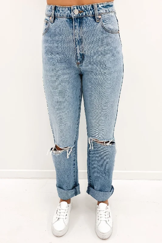 women's denim jeans with leather patchesA 94 High Straight Jean Suzie Rip