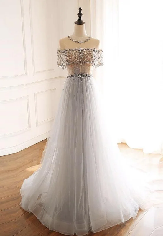 halter-neck party dressesGray tulle beads long prom dress evening dress  M646