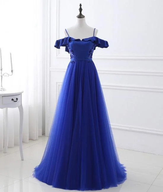 budget-friendly party dressesBlue tulle off shoulder long prom dress, blue evening dress M4783