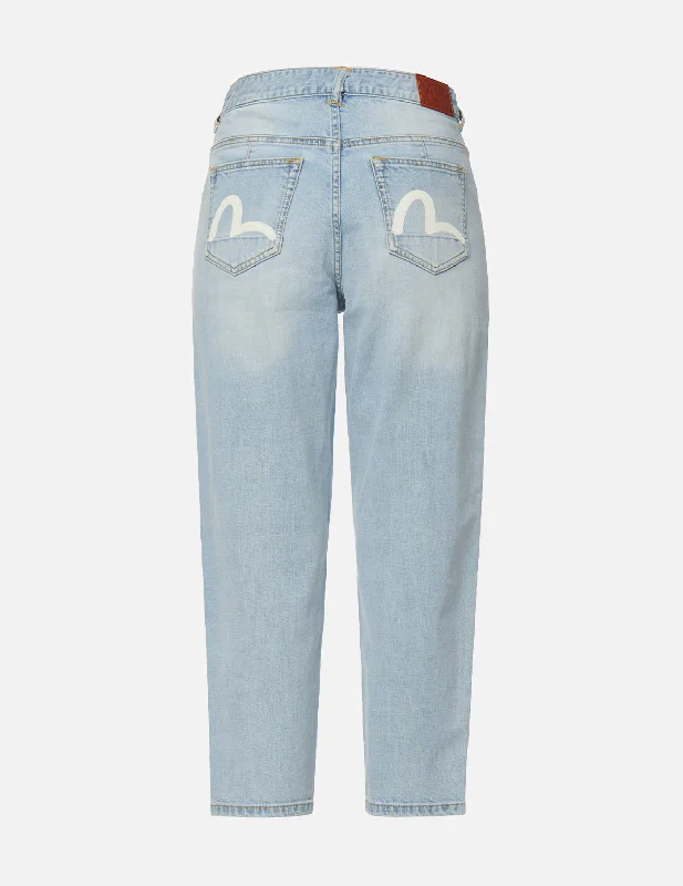 women's denim jeans with raw hemsSeagull Print Balloon Tapered Denim Jeans