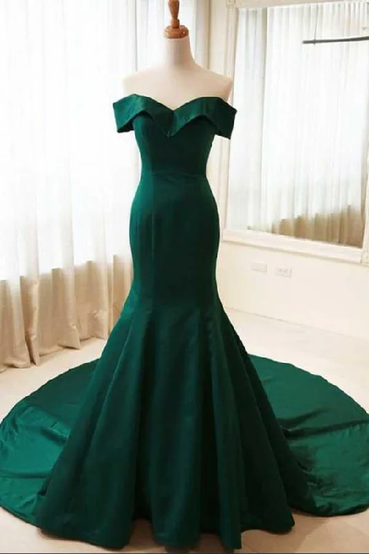 ready-to-wear party dressesDark Green Off the Shoulder Mermaid Prom Dress, Sexy Long Evening Dresses M1474