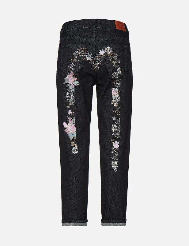 women's skinny denim jeansBrocade and Floral-pattern Daicock Embroidery Relax-Cut Jeans