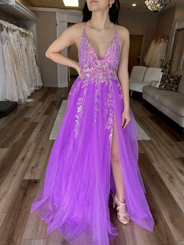 A-line party dressesA Line V Neck Purple Lace Long Prom Dresses, High Slit Purple Formal Dresses, Lace Evening Dresses SP3098