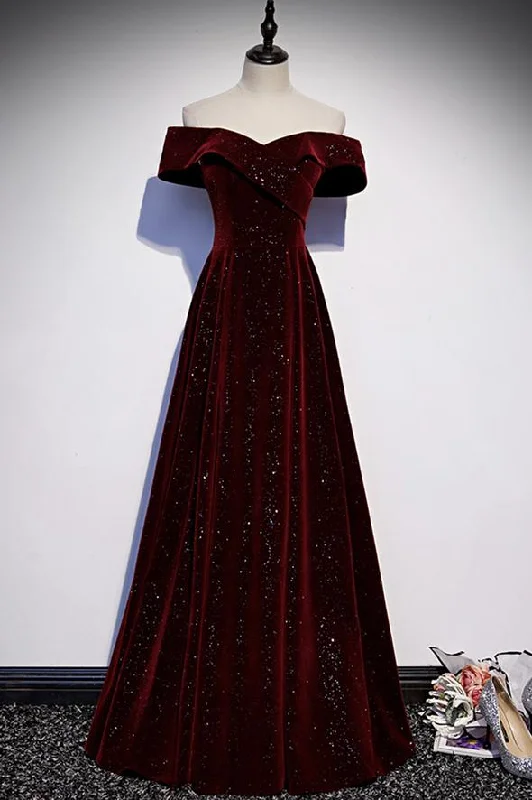 one-shoulder party dressesBurgundy velvet long prom dress evening dress M484