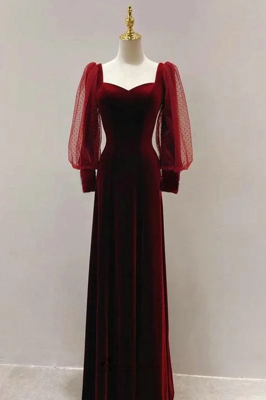 maximalist party dressesModest Long Sleeve Deep Red Velvet Evening Dress,MD6879