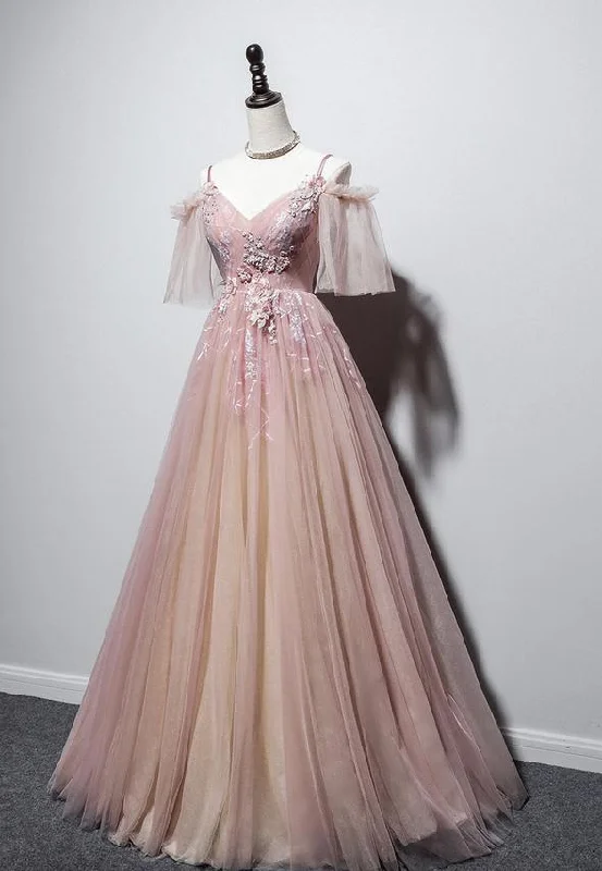 empire waist party dressesPink v neck tulle long prom dress pink evening dress M603