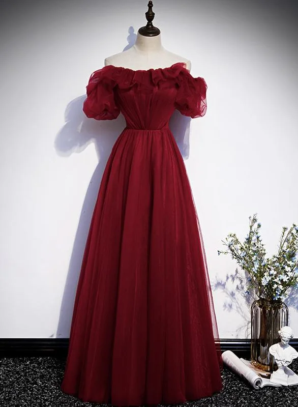 illusion-sleeve party dressesBurgundy tulle long prom dress evening dress M2300