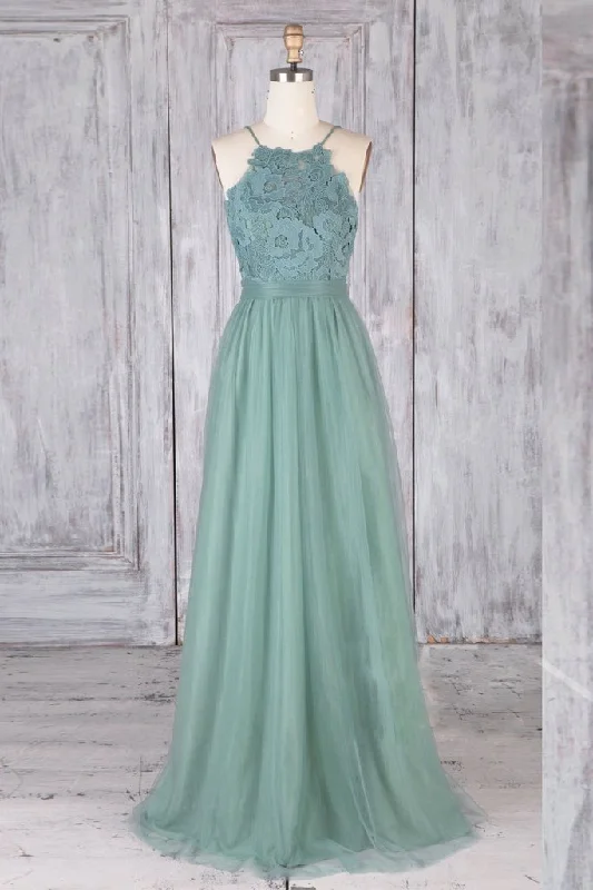 lightweight party dressesA Line Backless Lace Green Long Prom Dresses, Backless Green Lace Formal Graduation Evening Dresses M3047