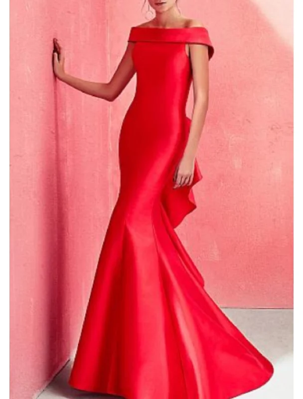 bachelor party dresses (for women)Mermaid Beautiful Back Red Green Dress Formal Evening Dress Off Shoulder Short Sleeve Floor Length Satin with Ruffles Draping